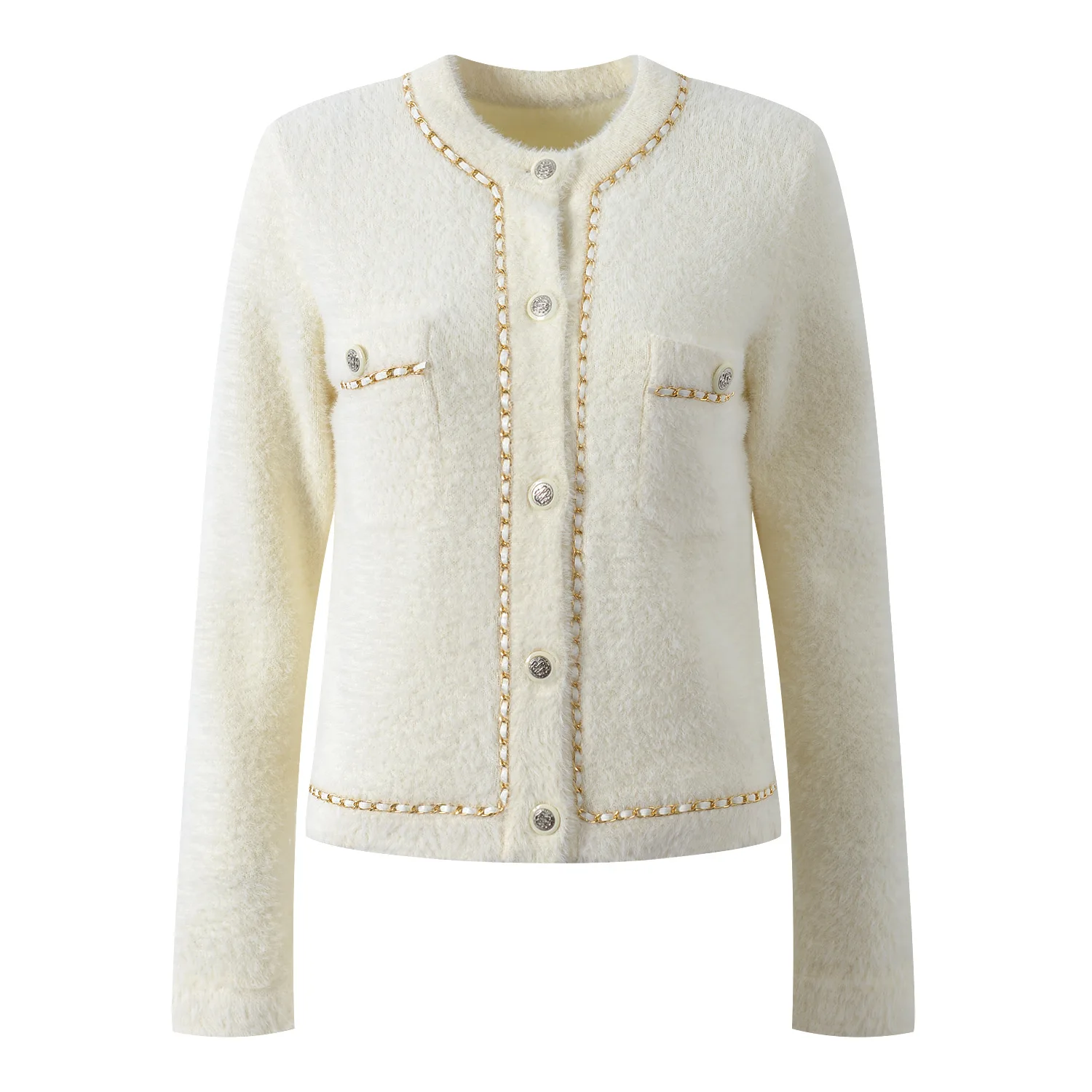 เสื้อคาร์ดิแกนถักไหมพรม แขนยาว ทรงหวาน สีน้ำเงินทอง นุ่ม สบาย ใส่ได้หลายโอกาส แฟชั่นผู้หญิง ฤดูใบไม้ผลิ