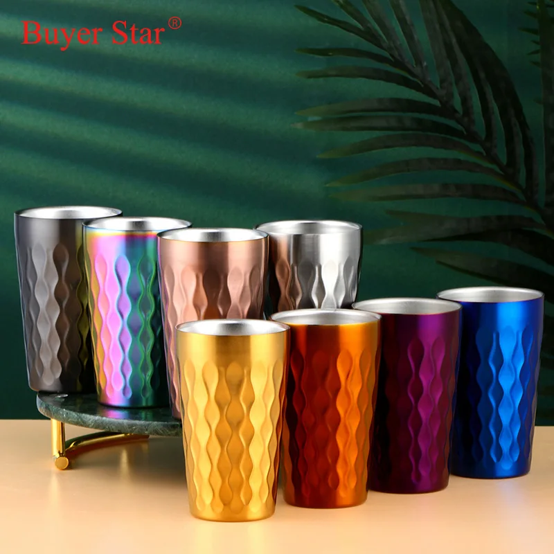 1-7PCS Double-Wall Stainless Steel Hammer Texture Metal Coffee Tea Mug Reusable Beer Cup Cold Drink Milk Mugs Home for Household