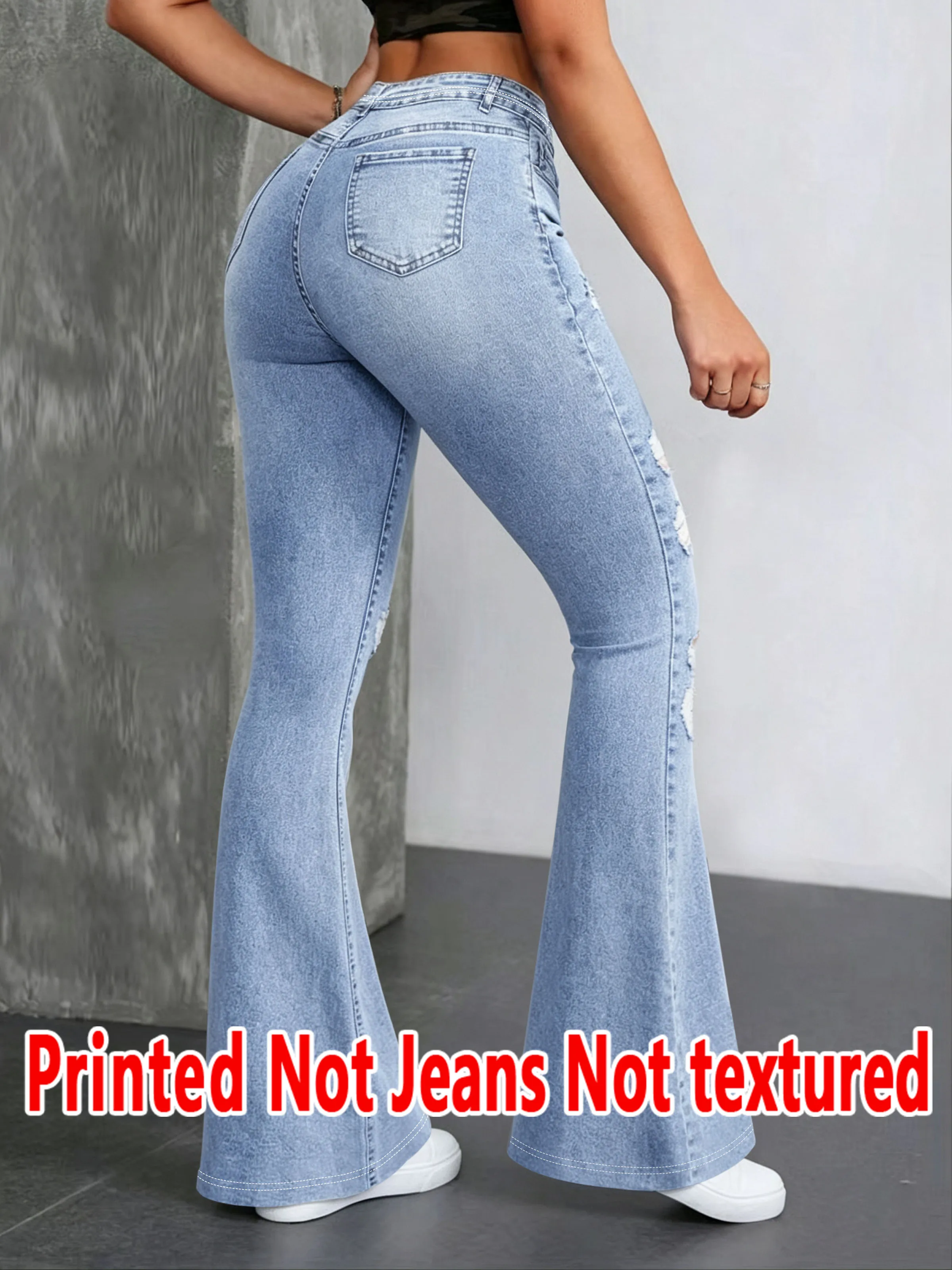 1565 Printed Flared Trousers 2D Printed Faux Effect Non-Faux Denim Fabric Unique Patterned Pants for Stylish Look