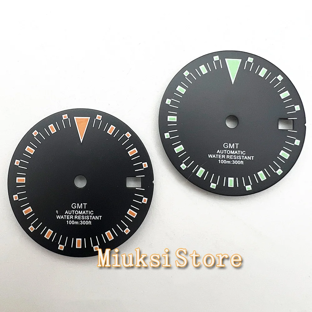 

29mm NH35 Dial Green Luminous Black GMT Watch Dial With Date Window For NH34 NH35 3.0 o'clock 3.8 o'clock Automatic Movement