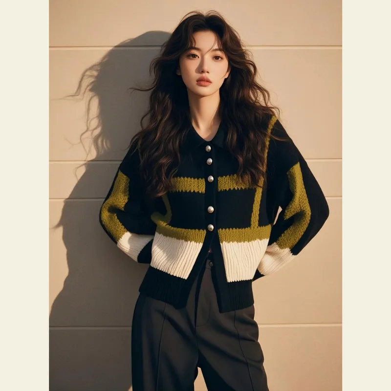 

Осень-зима 2024, новые свитера в стиле ретро, цветные блоки, вязаный кардиган с круглым вырезом и длинными рукавами, женские однобортные толстые топы