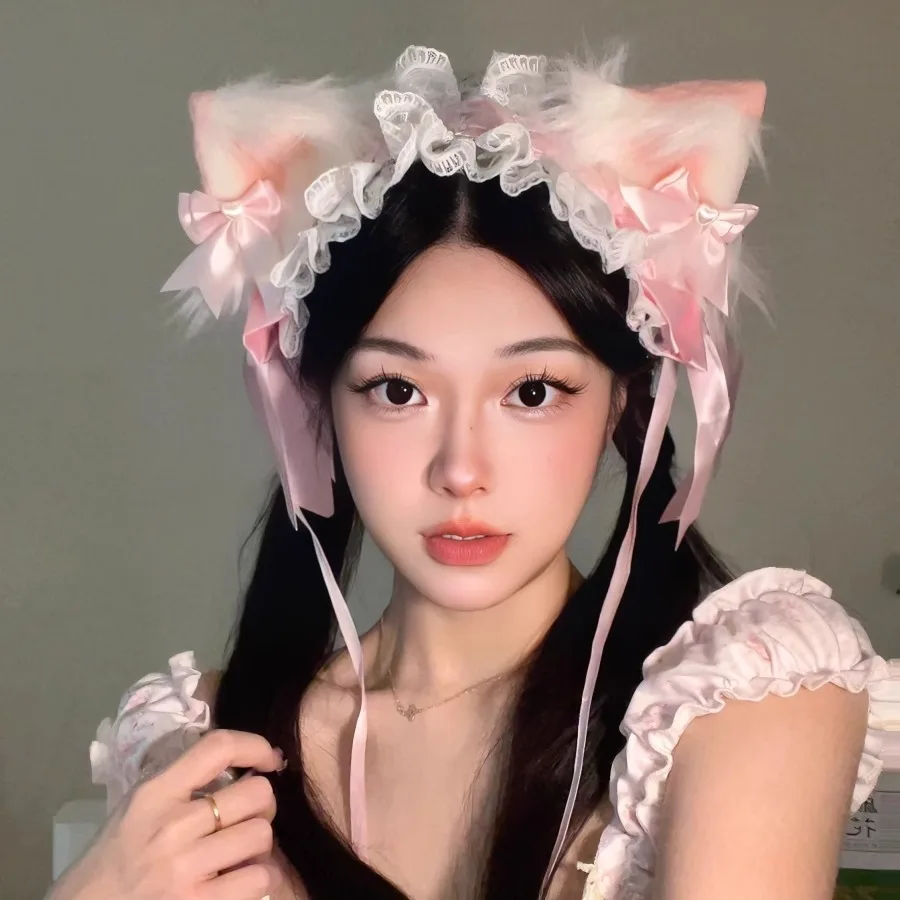 1 Stuk Kawaii Kat Oren Hoofdband Kanten Strik Hoofd Wrap Lolita Bruiloftsfeest Cosplay Meid Hoofdtooi Vrouwen Meisjes Anime Haaraccessoires