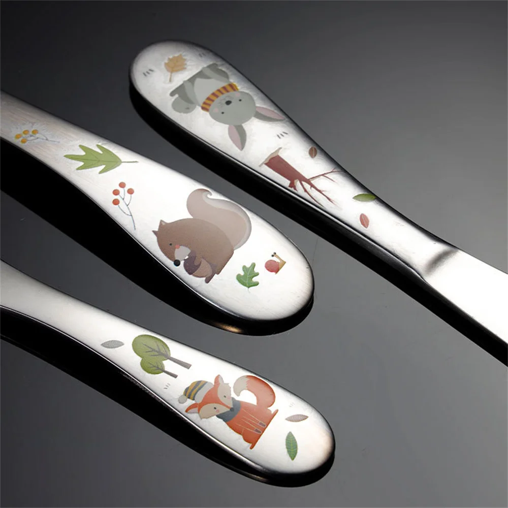 Kids Cutlery Cartoon Pattern Carving 304 Stainless Steel Tableware Spoon Fork Knife Set Baby Flatware Feeding Kitchen Supplies