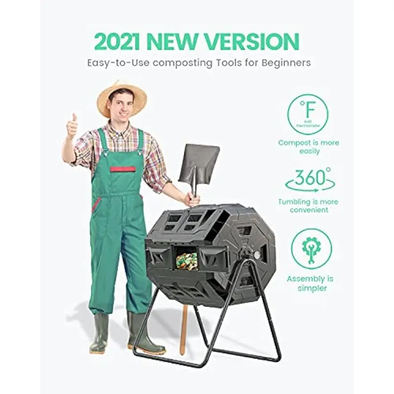 43-Gallon Octagonal Dual-Batch Tumbler Compost Bin with Built-In Thermometer for Real-Time Temperature Monitoring – Heavy-Duty A