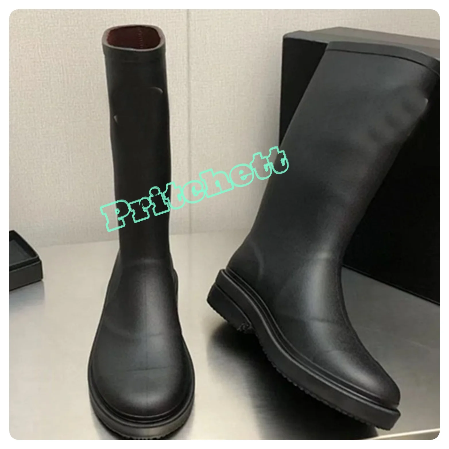 Round Roe Thick Bottom Waterproof Rain Boots Women Knee High Boots Solid Black Increase Shoes Pull-on 2024 New Luxury Design