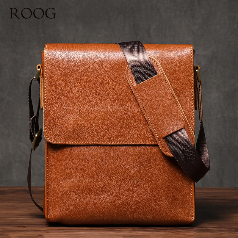 ROOG-Bolso bandolera de piel auténtica para hombre, bandolera de hombro informal de alta calidad, a la moda, para IPad de 8 pulgadas