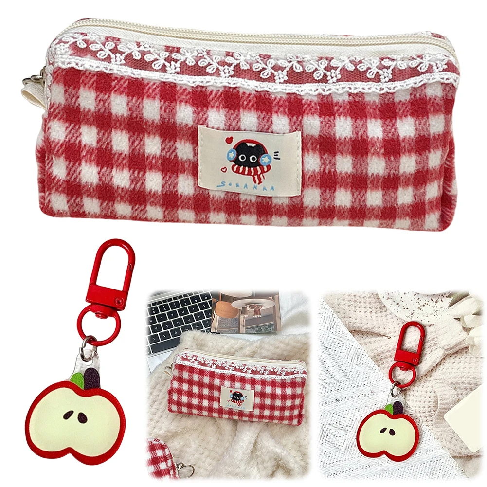 Cute Kitty Pencil Pouch with Apple Pendant Pencil Case Plaid Stationery Organizer for Girl Students