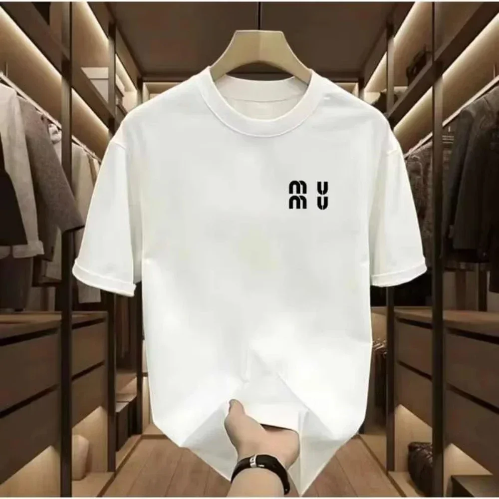 2025 Summer Miu Wind Short Sleeve T-shirt Cotton Men and Women Chest Letter Printing Loose Fashion New Fashion Brand Explosive