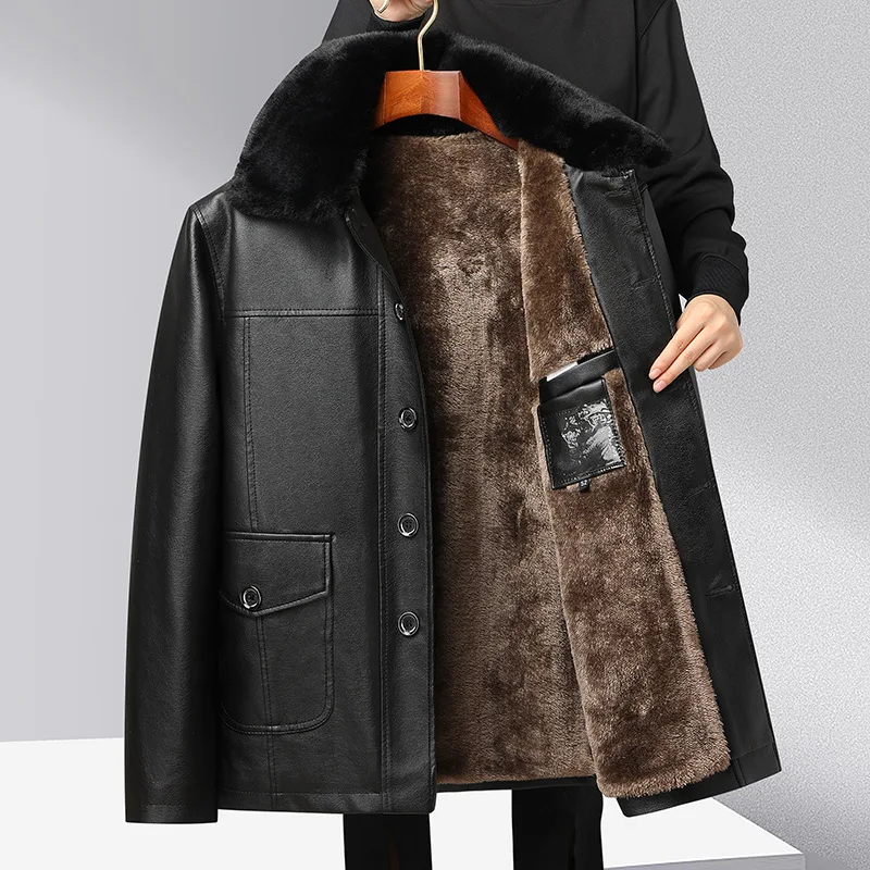 

2025 New Winter Men's PU Leather Jacket Mid-aged Thickened Coat Windproof Padded Parka Plus Size Leather Jackets Man Male Jacket