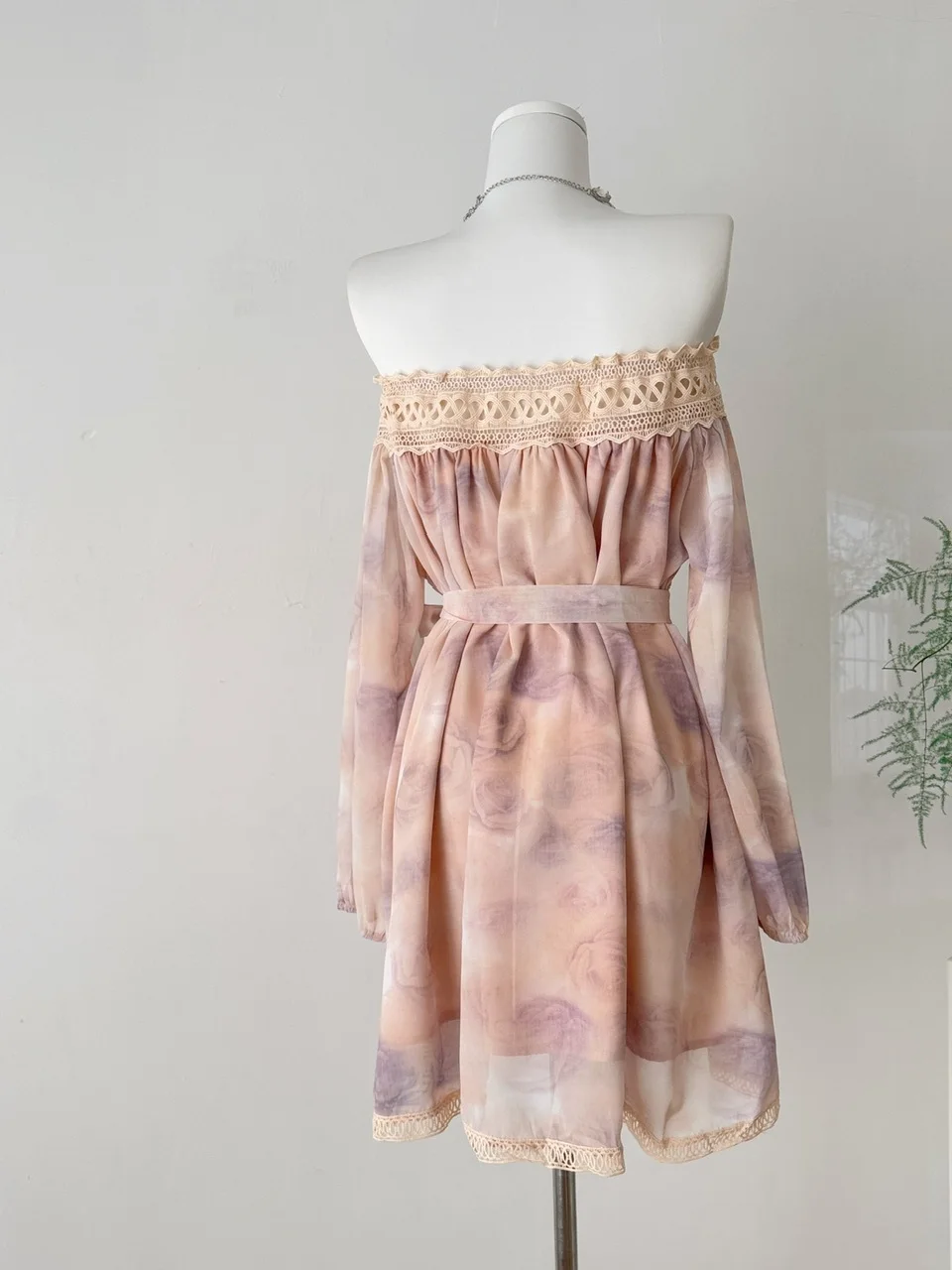 Romantic Pink Lace Trim oulder Gown with Floral Print Chiffon ort A-Line Skirt with Lantern Sve High Waist Summer Dr