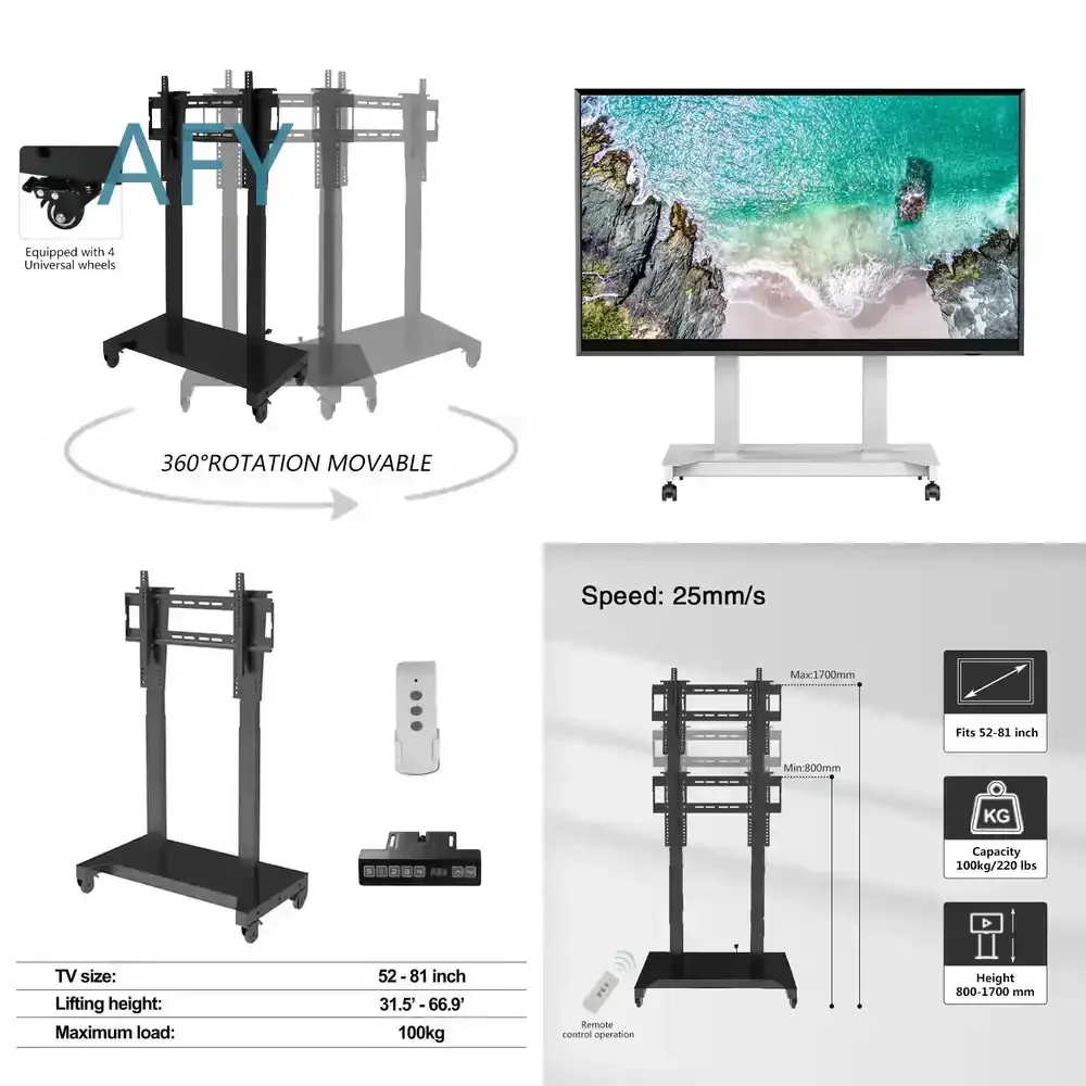 Modern Motorized TV Trolley for Home Theater Remote Control Stand Height Adjustable Movable TV Cart with Wheels Metal TV