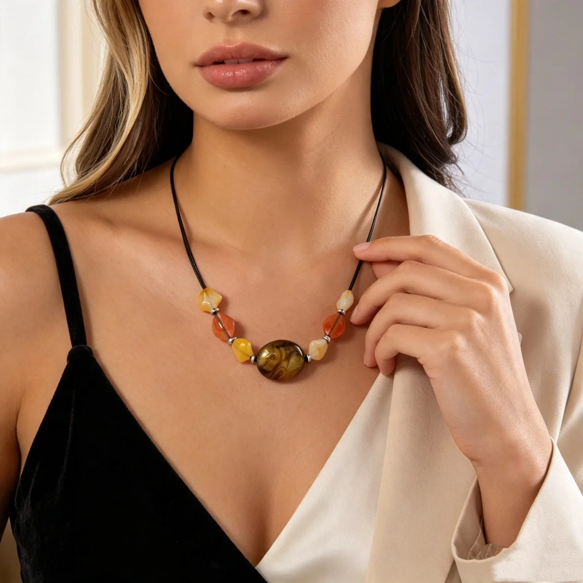 Ästhetische Boho-Halskette mit unregelmäßigen Acrylperlen und schwarzem Seil für Damen und Herren, Retro-Handarbeit, geometrischer Choker, Partyschmuck – Detail 11