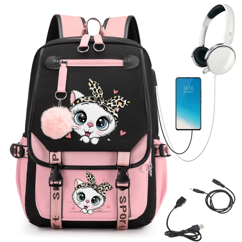 

High School Bags for Girls Student USB School Backpack Bags Teenage Girl Campus Backpack Funny Leopard Cat Print Students Bags