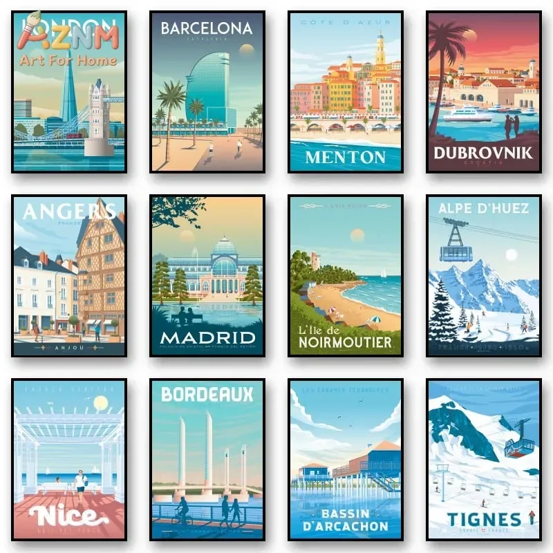 AZNM Vintage Europe City Travel Canvas Wall Art Santorini Paris London Venice Landmark Retro Poster Living Room Unframed Decor P