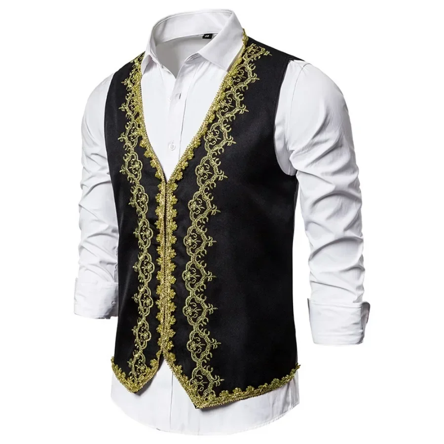 New Stylish Gold Embroidery Baroque Vests Men's Slim Palace Banquet Clothing Waistcoat Men Stage Prom Drama Opera Costume Gilet