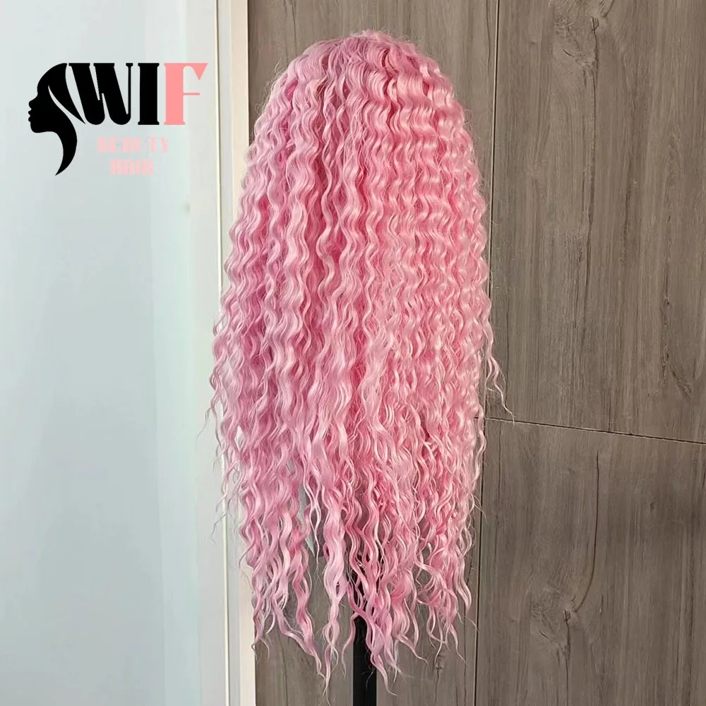 WIF Pink Color Curl Wave Synthetic Wig Long Curl Hair Light Pink Heat Friendly Kinky Wavy Lace Front Wigs Black Women Makeup Use