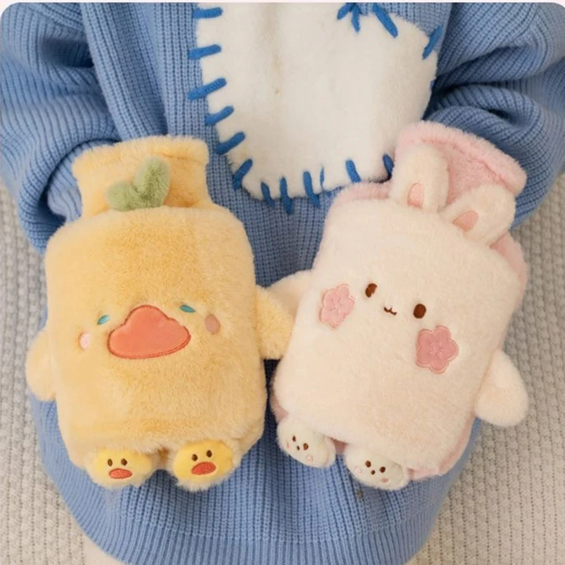 1000ml/33.81oz Warm Hot Water Bag PVC Inner Liner Water Injection Cute Warm Water Bag Cartoon Animal Cute Plush Portable Bag