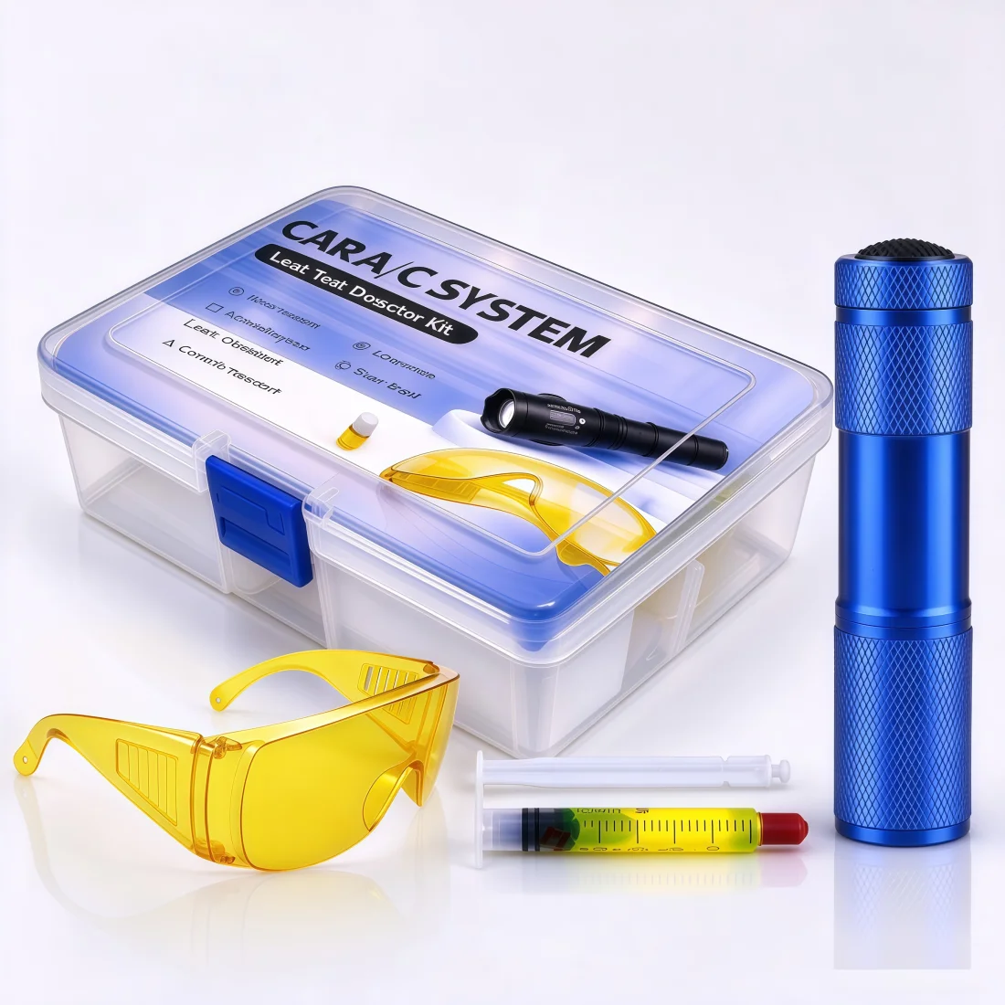 Car A/C Leak Test Detector Kit 9 LED UV Flashlight+ Glasses+ Fluorescent Dye Set For R134a R1234yf Auto Air Conditioning Repair