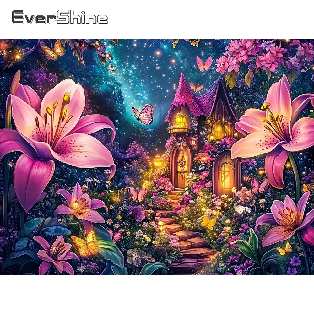 EverShine Diamant-Mosaik Garten-Landschaft Vollquadratisches Gemälde Hausbild Strass-Stickerei Lilien-Blume Handgemachtes Geschenk