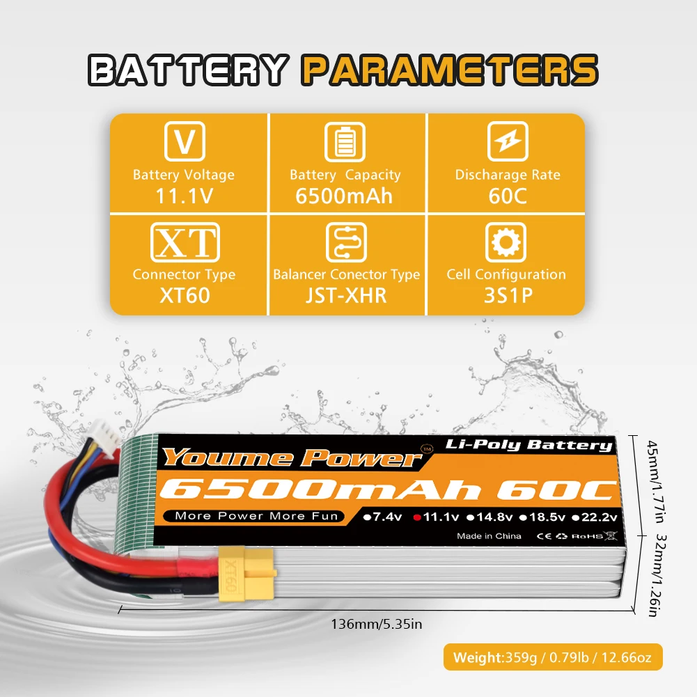 YOUME 6500mah يبو 2S 3S 4S 6S بطارية 7.4 فولت 11.1 فولت 14.8 فولت 22.2 فولت 50C ل RC طائرة هليكوبتر سيارة قارب شاحنة أجزاء