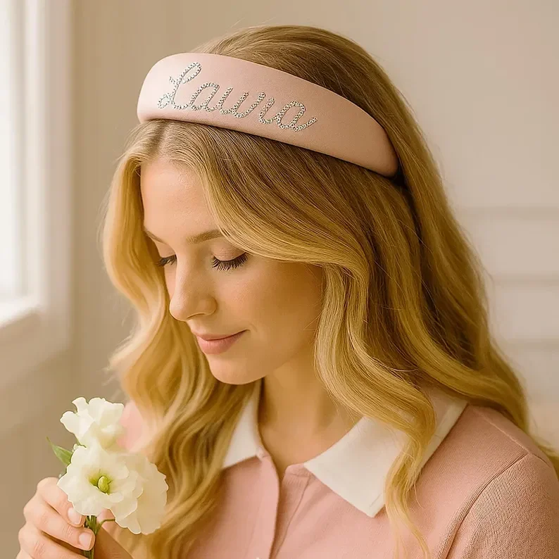 100% الحرير مخصص اسم الحرير عقال واسعة خمر Headbands ، حجر الراين اسم العصابات الشعر ، اكسسوارات للشعر للنساء ، هدية وصيفه الشرف