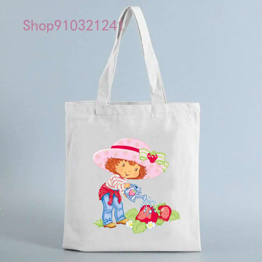 Shopping Bag Anime Strawberry Girl Print Handbag Cotton Manga Tote Bags Reusable Grocery Women Classic Vintage Shoulder Bag