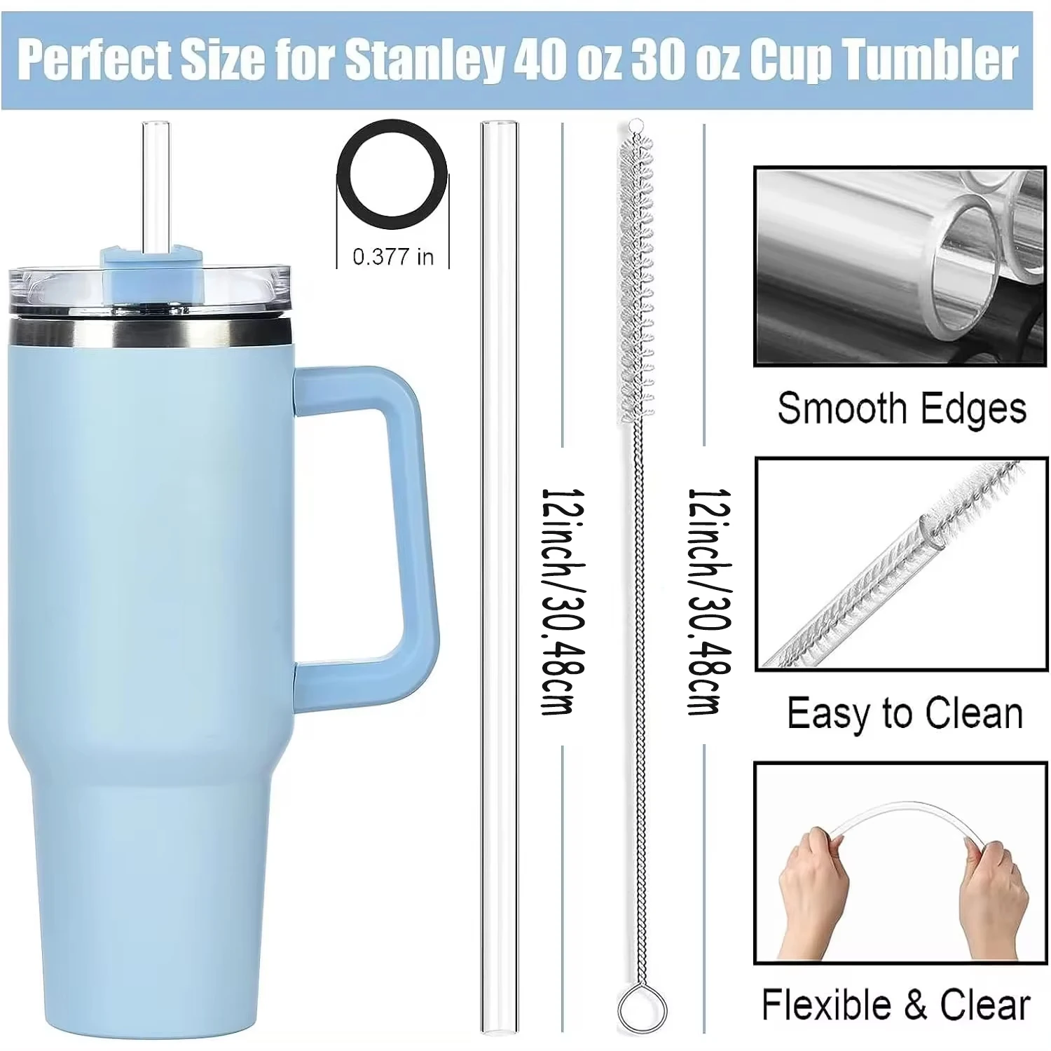 Replacement Straw Compatible with Stanley 40 oz 30 oz Cup Tumbler, 6 Pack Reusable Straw with Cleaning Brush, Plastic, Clear