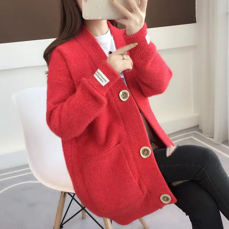 Femme Thick Lazy Style Three-dimensional Label Decorate Cardigan Keep Warm Knitting Sweaters Korean Button Straight Pocket Solid