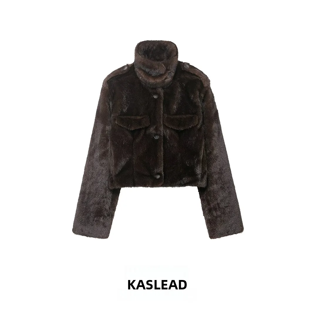 

KASLEAD New Women's ort Jaet Fake Fur Effect Outerwear Long Sve Polyester Fiber Button Closure Winter Faion Ladies