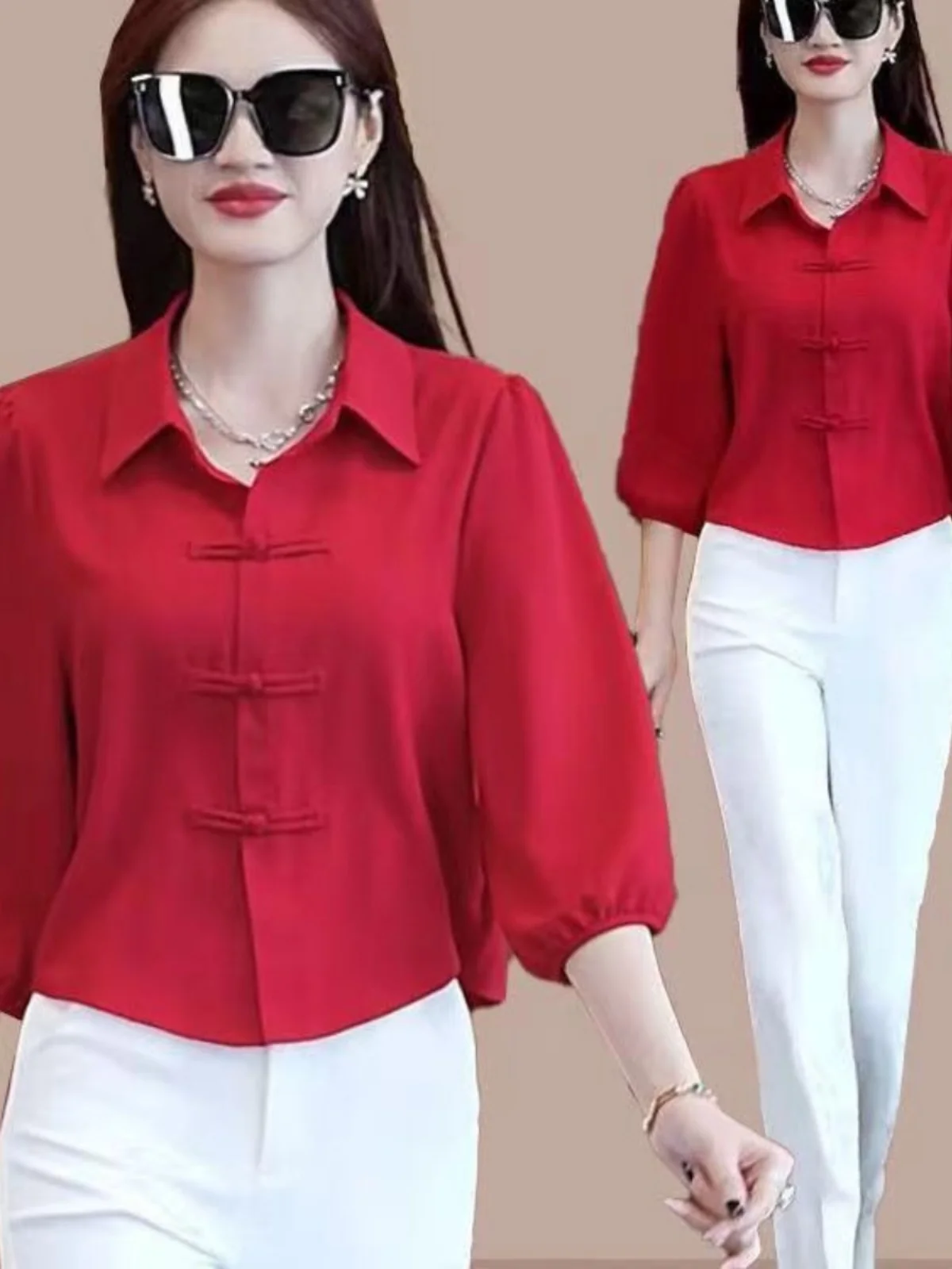 Loose Autumn Shirt Women's Style Seven Sleeve Cover Belly Button up Top Pure Color Henry Collar Other Material 100%