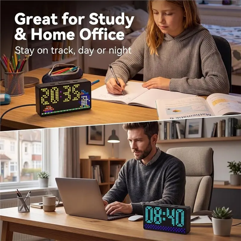 ABYN-Smart Pixel Clock,LED Display Alarm Clock,Application Control,Custom Text And Emoticon Materials,For Room,Countdown