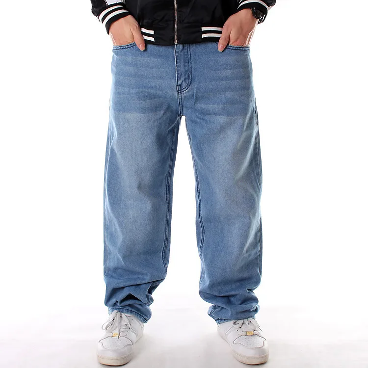 European and American light blue plus size jeans men's loose casual trend hip hop HIPHOP hip-hop trousers skateboard pants