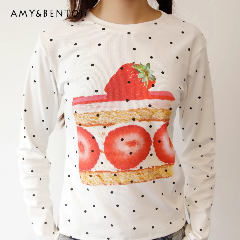 خريف جديد كعكة الفاكهة البولكا نقطة طباعة المرأة قاع قميص التصميم الياباني لطيف الحلو تنوعا طويلة الأكمام تي شيرت السيدات #1