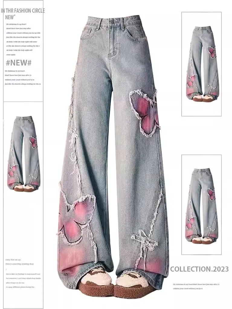 

American Retro Embroidery Wide Leg Jeans Women's Spring Autumn plus Size Loose Straight Long Pants Casual Style