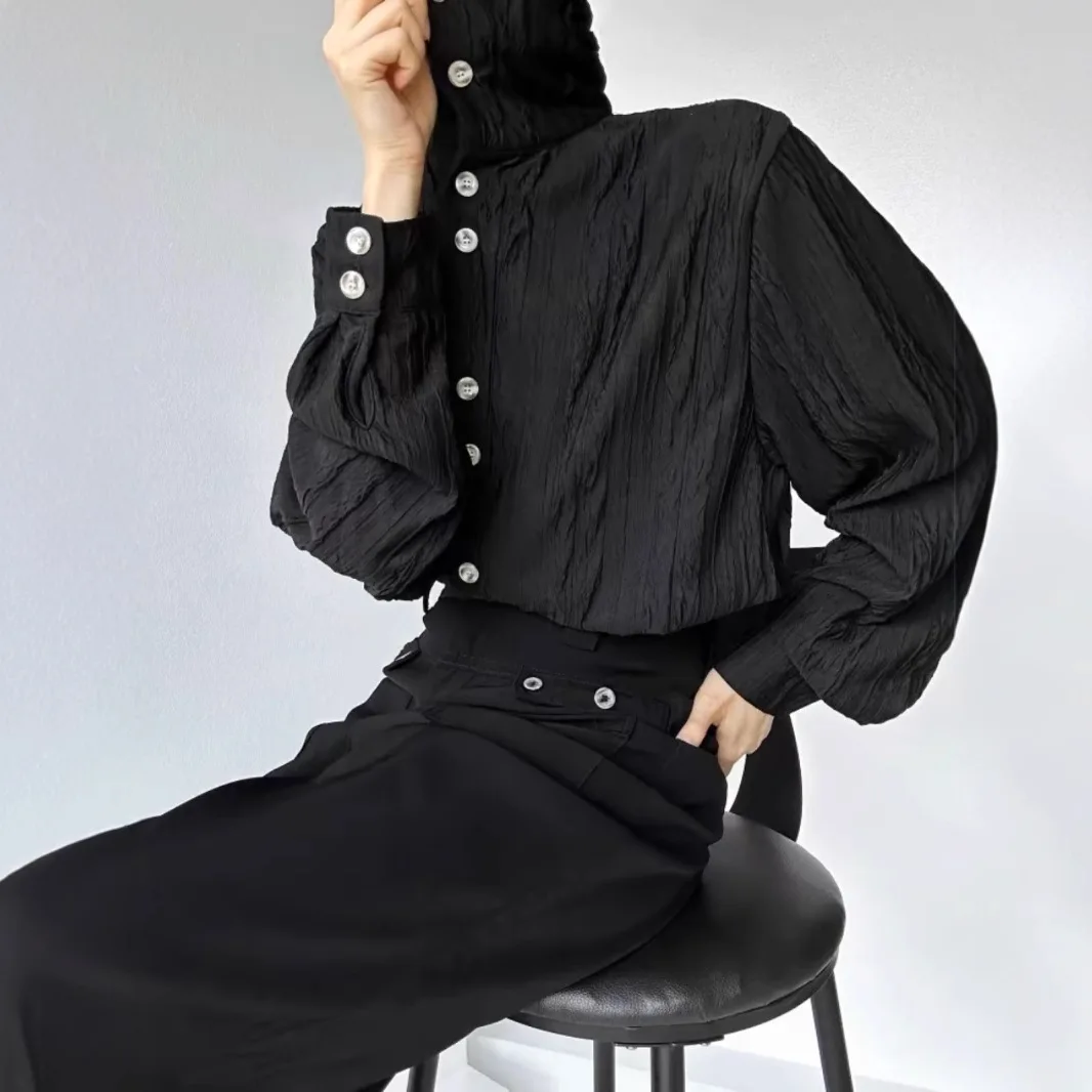 Unisex Casual Shirts 2025 New French Chic Cleanfit Shirt Stand Collar Ruched Design Retro Texture Long Sleeve Elegant Casual Top