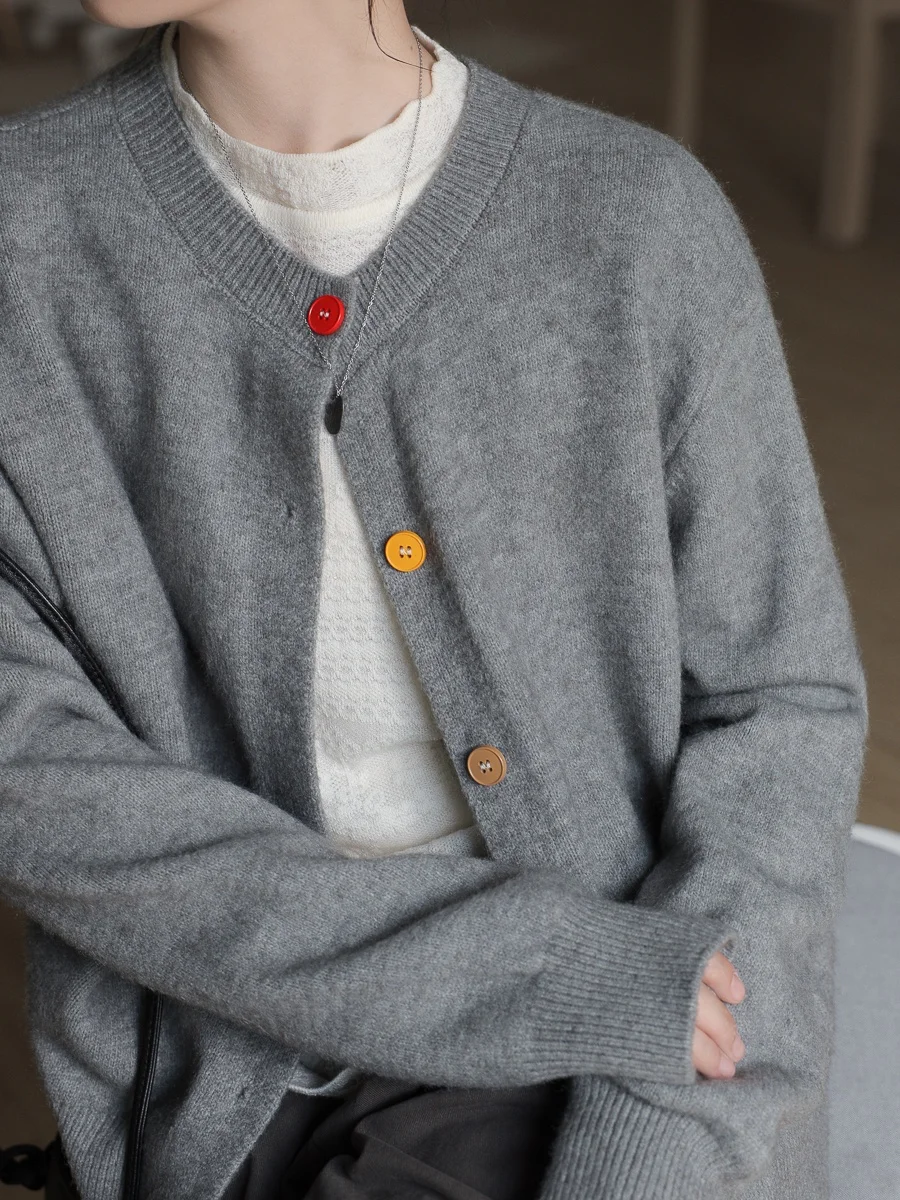 

Thiened Loose round Ne Knitted Sweater Women's Cardigan Outerwear Multi-layering Embroidered Button up Casual Winter Top