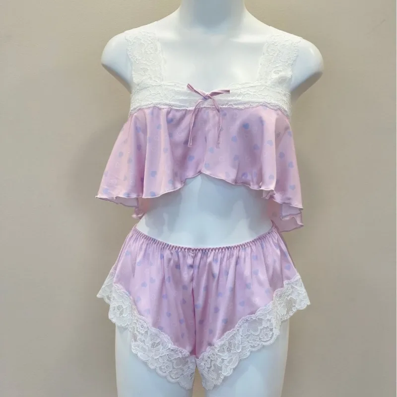Vintage Pajamas Women's Sleepwear French Lace Pink Beauty Back Suspender Tops with Shorts Loungewear Two-piece Cool Set Thin