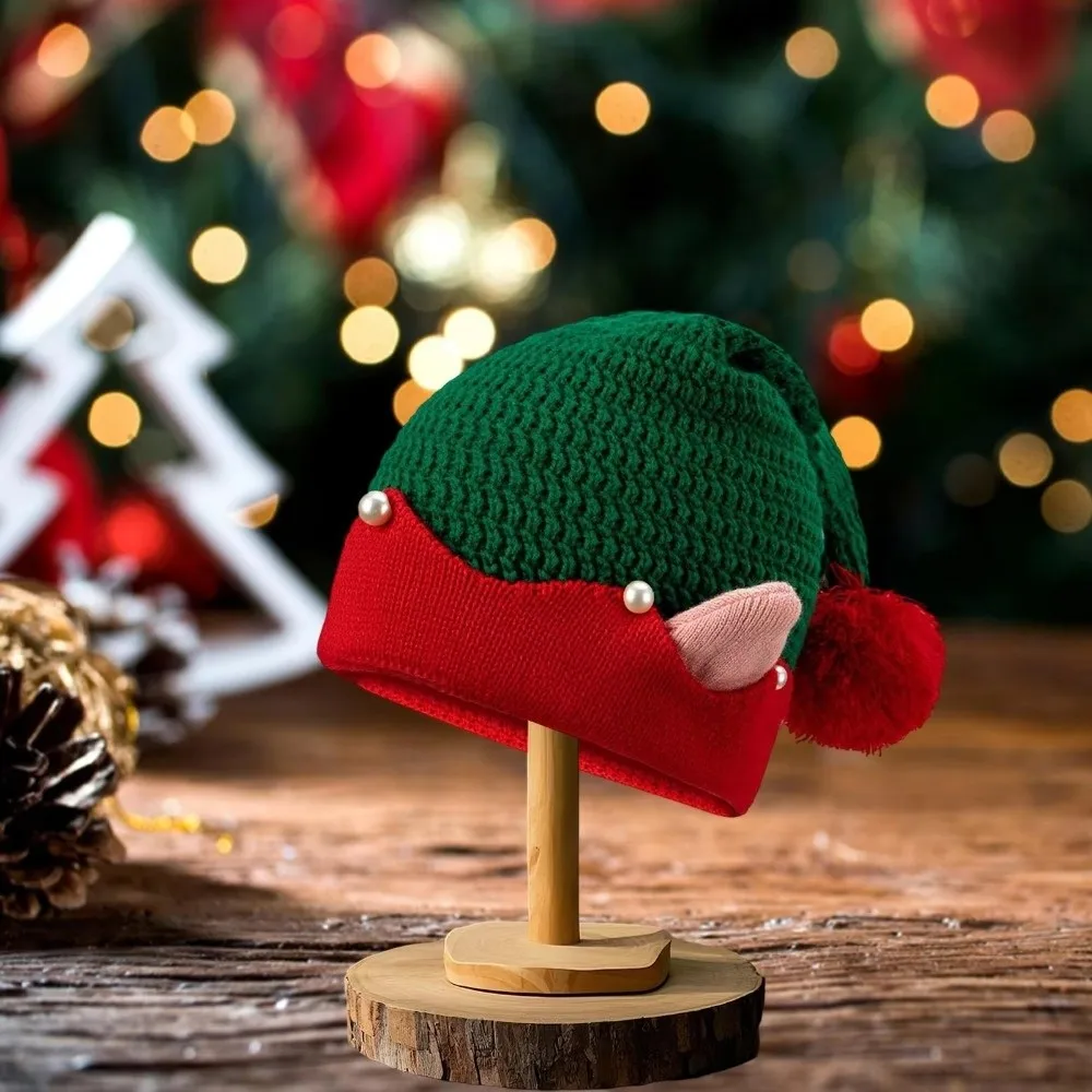 

Рождественская шапка с полосатым узором, жаккардовая шерстяная шапка, рождественская шапка с маленькими ушками, вязаная вязаная шапка для фестивалей для девочек