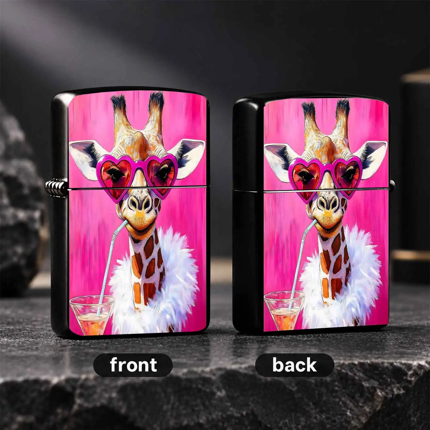 Fun Stylish Giraffe Themed Lighter, Cute Pink Heart-Shaped Sunglasses, Fluffy Plush Trim, Vivid Bright Painting Design, Eye-Catching Fashion Decor, Perfect For Daily Use, Party, Gifting, All Occasions, Unique Creative Portable Delicate Acce