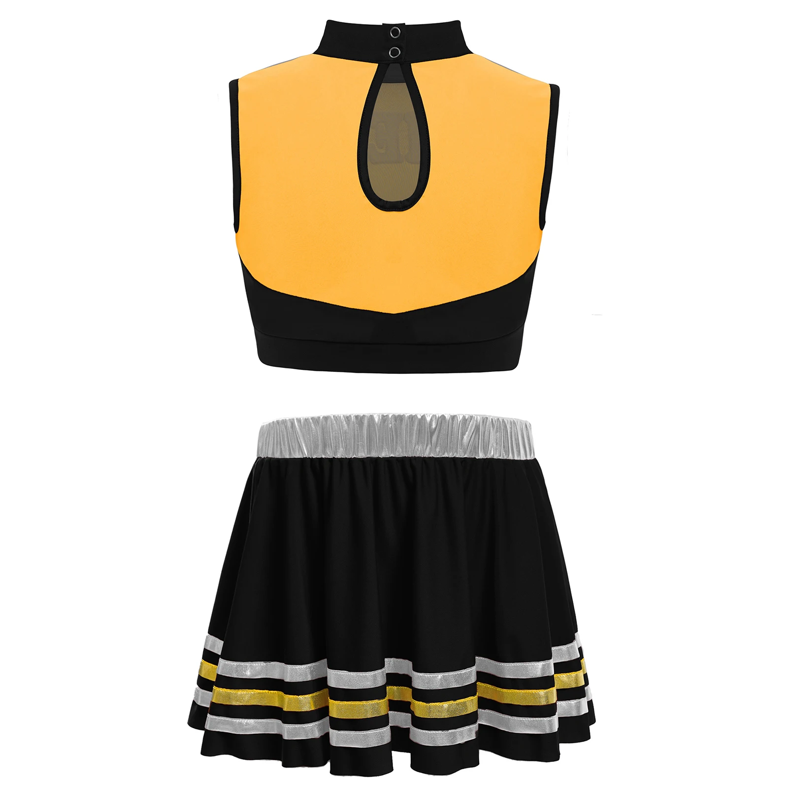 Kids Girls Cheerleading Dance Outfit Letters Printed Color Block Keyhole Back Crop Top+Metallic Striped Hem Skirt Set Streetwear
