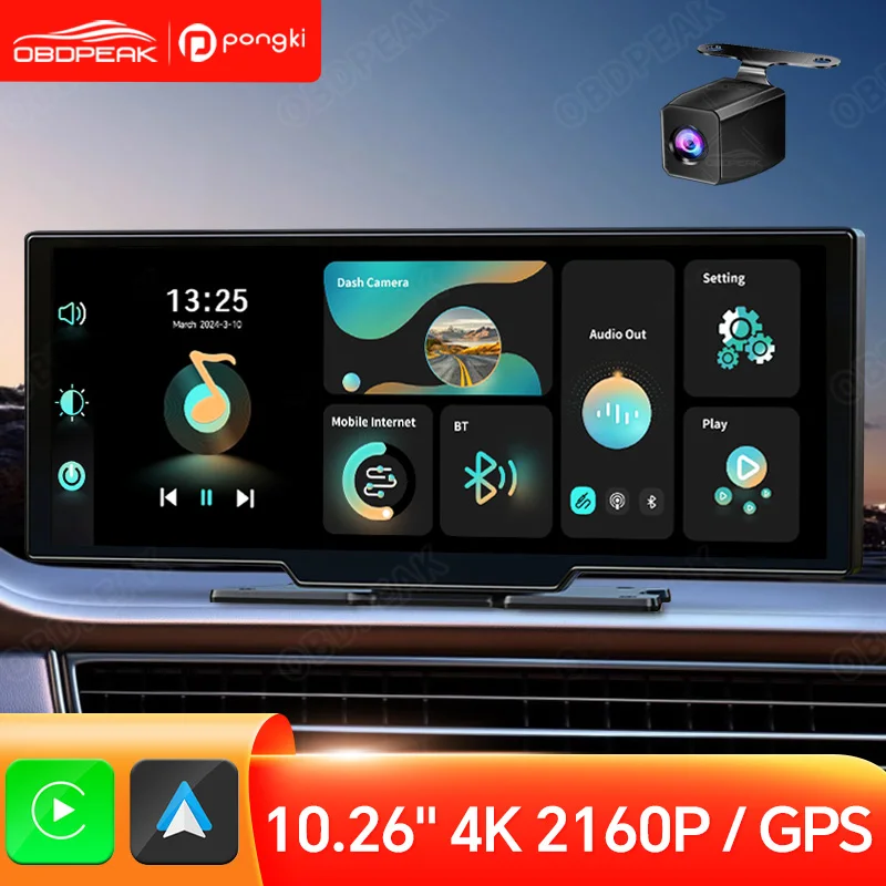 

10.26" 4K 2160P Dash Cam Wireless Carplay & Android Auto Car DVR 5G WiFi GPS Navigation Dashboard Video Recorder BT FM Monitor