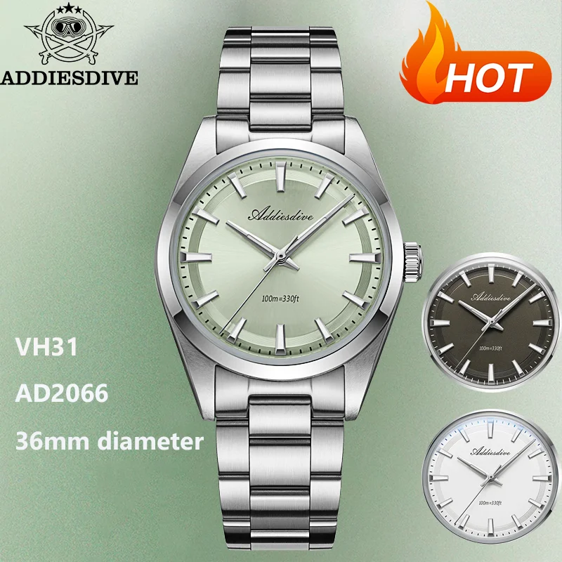 ADDIESDIVE AD2066 Quartz Watch 36mm VH31 Bubble Mirror Glass BGW9 Luminous Stainless Steel Waterproof Men's and Women's Watches