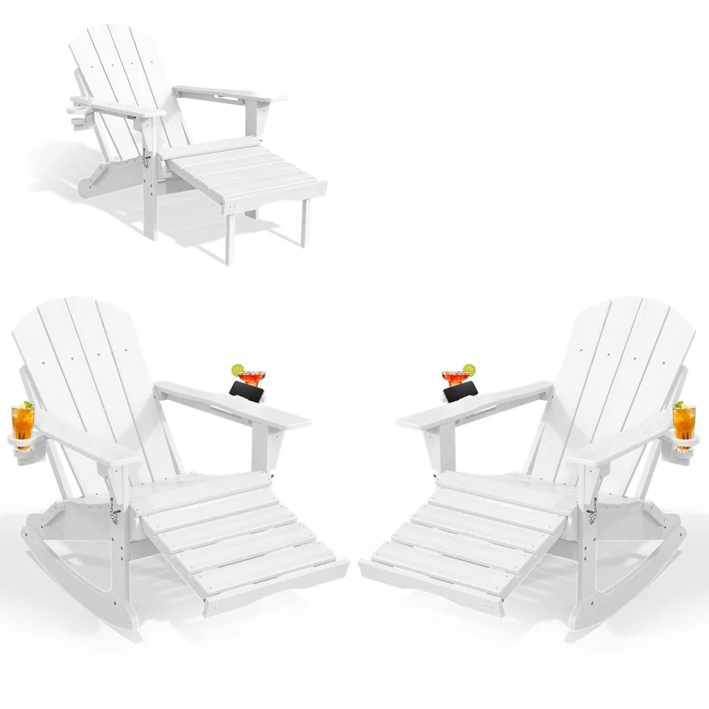 

Folding Adjustable Adirondack Rocking Chair Set of 2 with Retractable Ottoman and Cup Holders, Outdoor HDPE, Customized