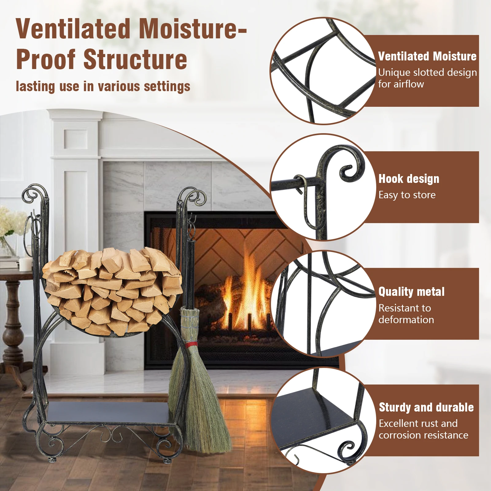 Metal Firewood Rack Set with 4 Fireplace Tools Fireside Wood Storage Organizer No Need To Install Firewood Rack for Fireplaces