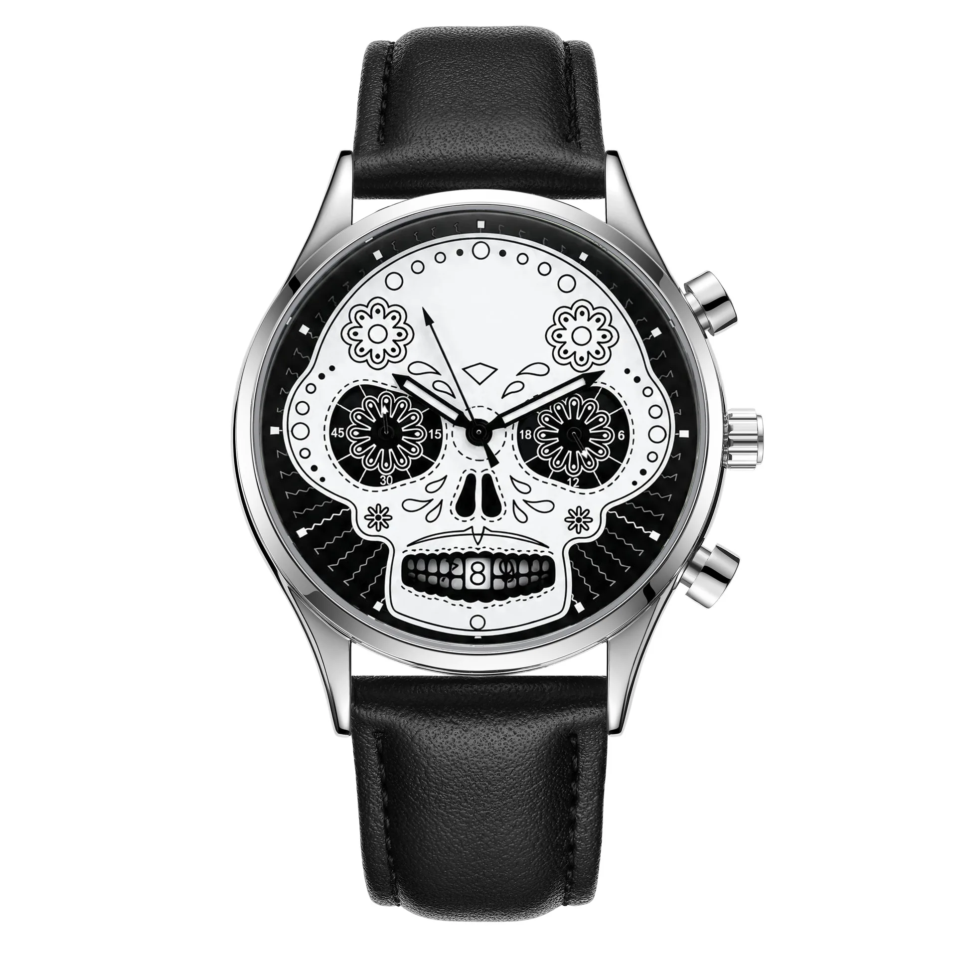 Halloween Multi-functional Men Quartz Watch Luminous Skeleton Design Scoring Dial  Calendar Window 24-hour Dial Teen Wristwatch