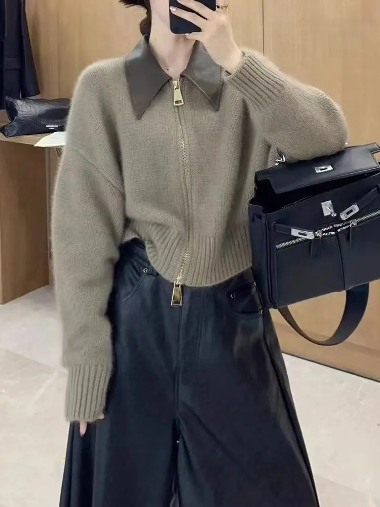 المرقعة التلبيب سستة سترة فضفاضة المرأة عادية بولو طوق محبوك سترة لينة سستة موضة تريكو جيليه