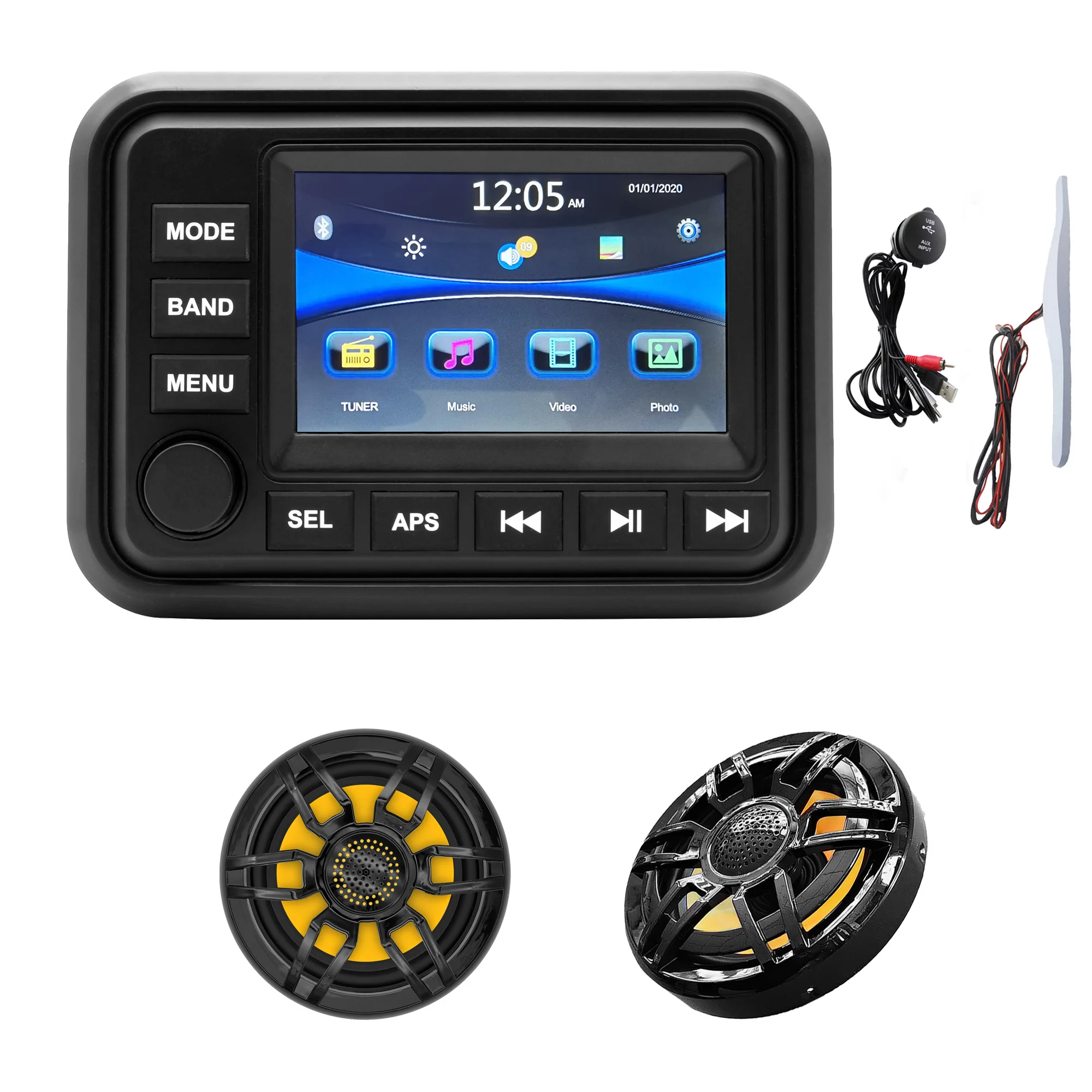 

Водонепроницаемые морские 8-дюймовые динамики H-068 * 2 + Bluetooth MP3-радиоплеер H-303A + USB-кабель даты + костюм антенны