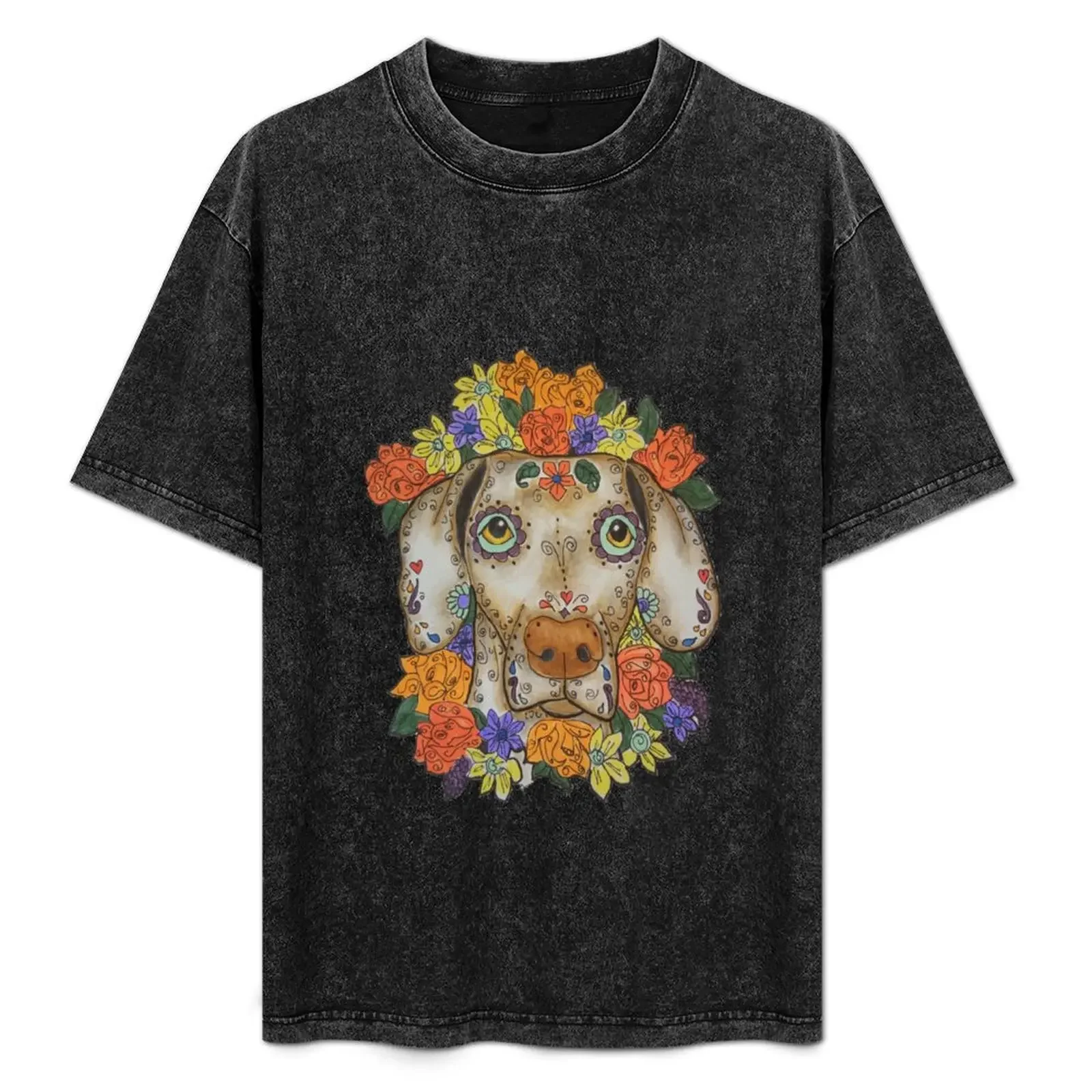 

Weimaraner with flowers T-Shirt blue archive street wear custom t-shirts anime stuff mens white t shirts