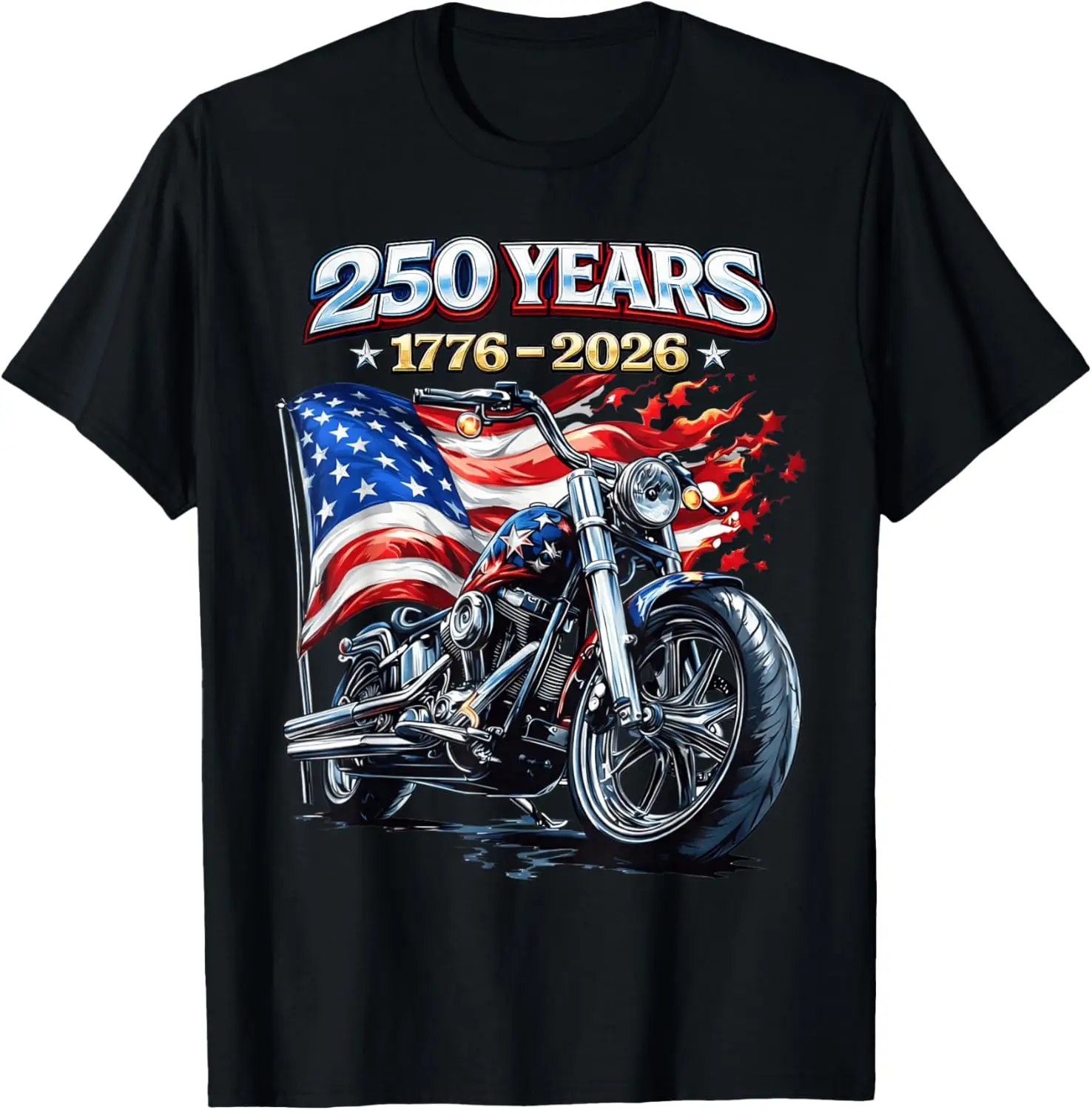 US Flag Motorcycle Biker 250 Years American Anniversary T-Shirt 100% Cotton Trendy Y2K Short-Sleeve Tee-Soft, Quick-Drying,