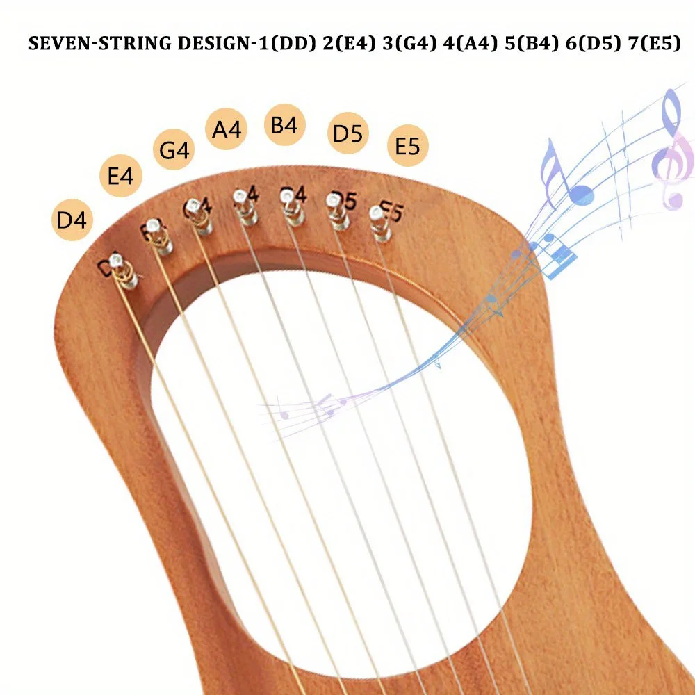 Lyre Harp, 7 Metal Strings for Beginner with Tuning Wrench, Spare String Set, Manual